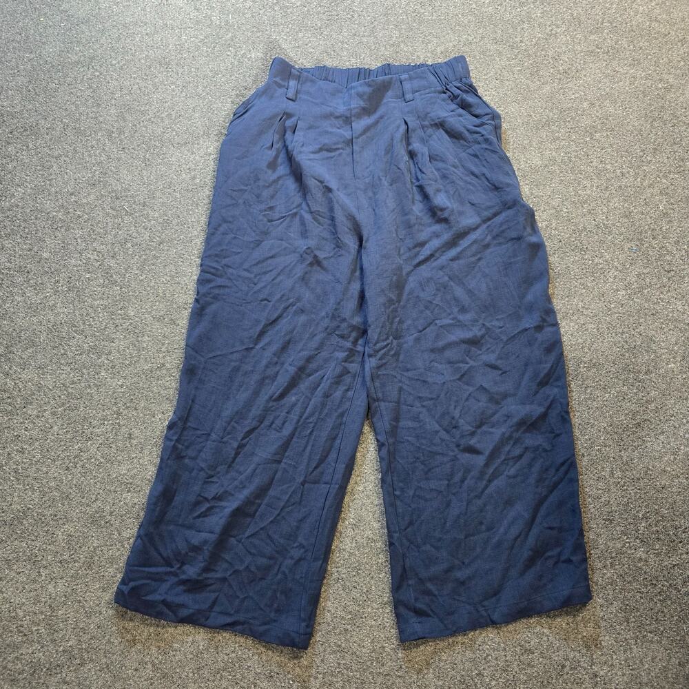 Halara Pants Womens Size Large Petite Blue Pleated Plicated Wide Leg Casual